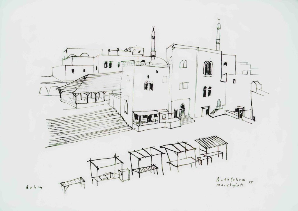 Makrplatz in Bethlehem, Helmut Rehm Federzeichnung 1955