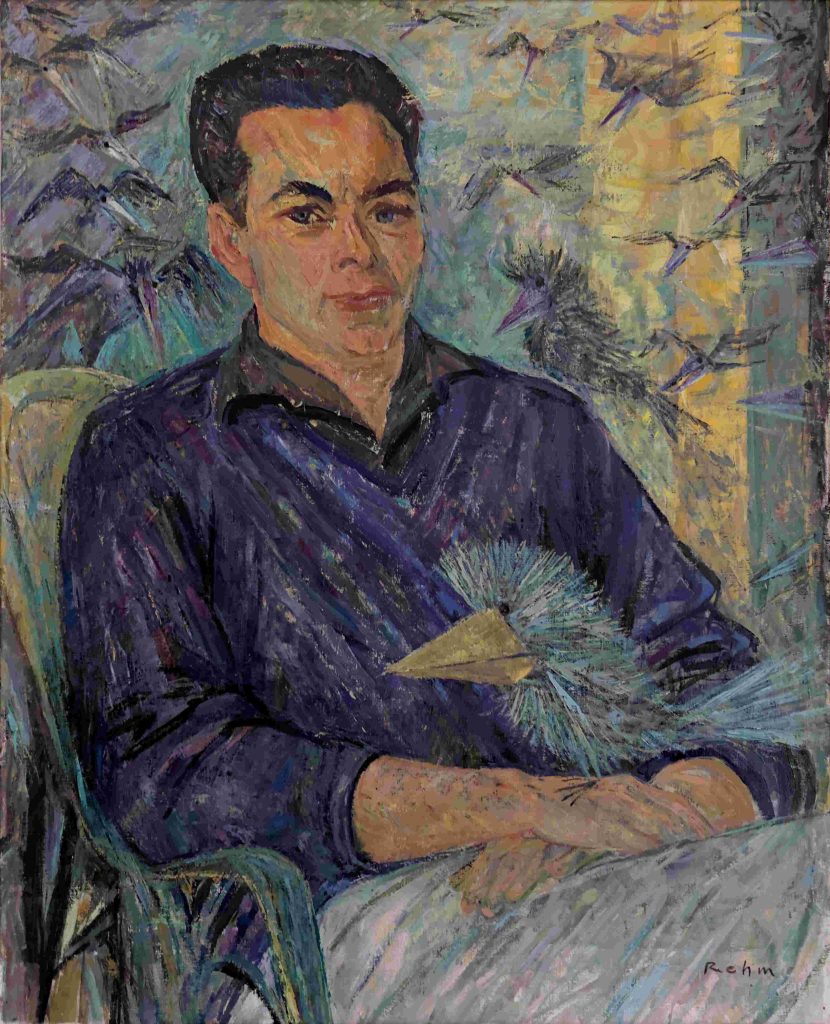 Paul Flora mit seinen Raben, Ölbild von Helmut Rehm, 1964