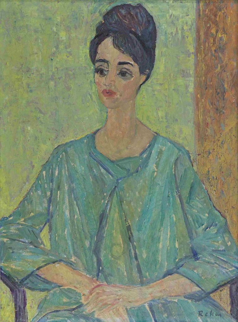 Dame im grünen Kostüm, Ölbild von Helmut Rehm