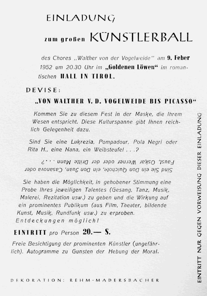 Text der Einladung zum Künstlerball 1952