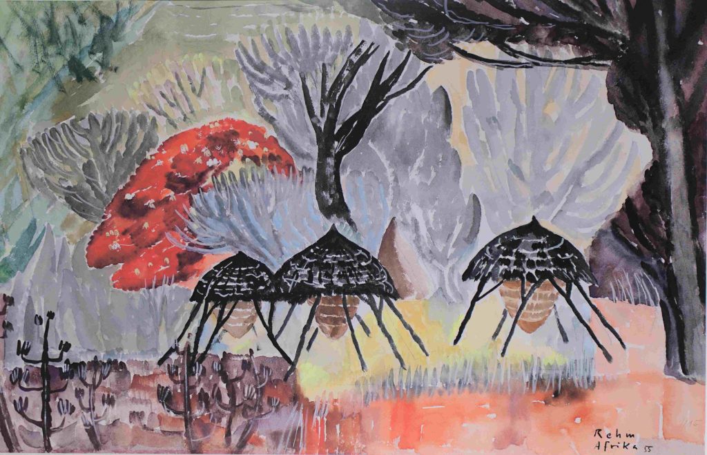 Getreidespeicher in Afrika, Aquarell von Helmut Rehm aus dem Jahr 1955