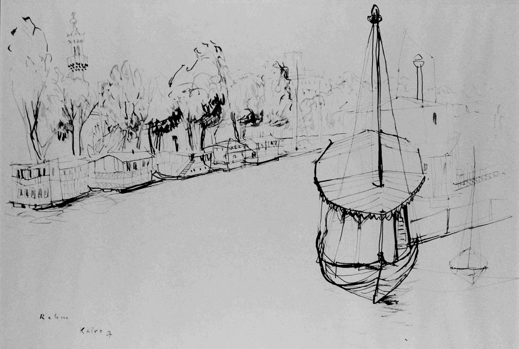 Kairo, Boot am Nil, Federzeichnung von Helmut Rehm,1957