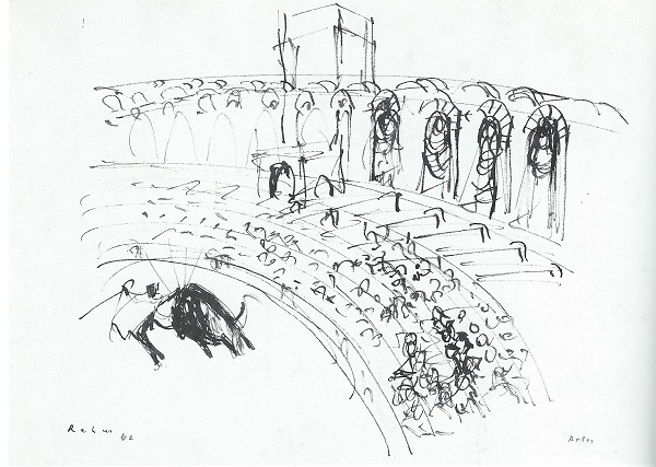 Stierkampf Arena in Arles, Federzeichnung von Helmut Rehm, 1962