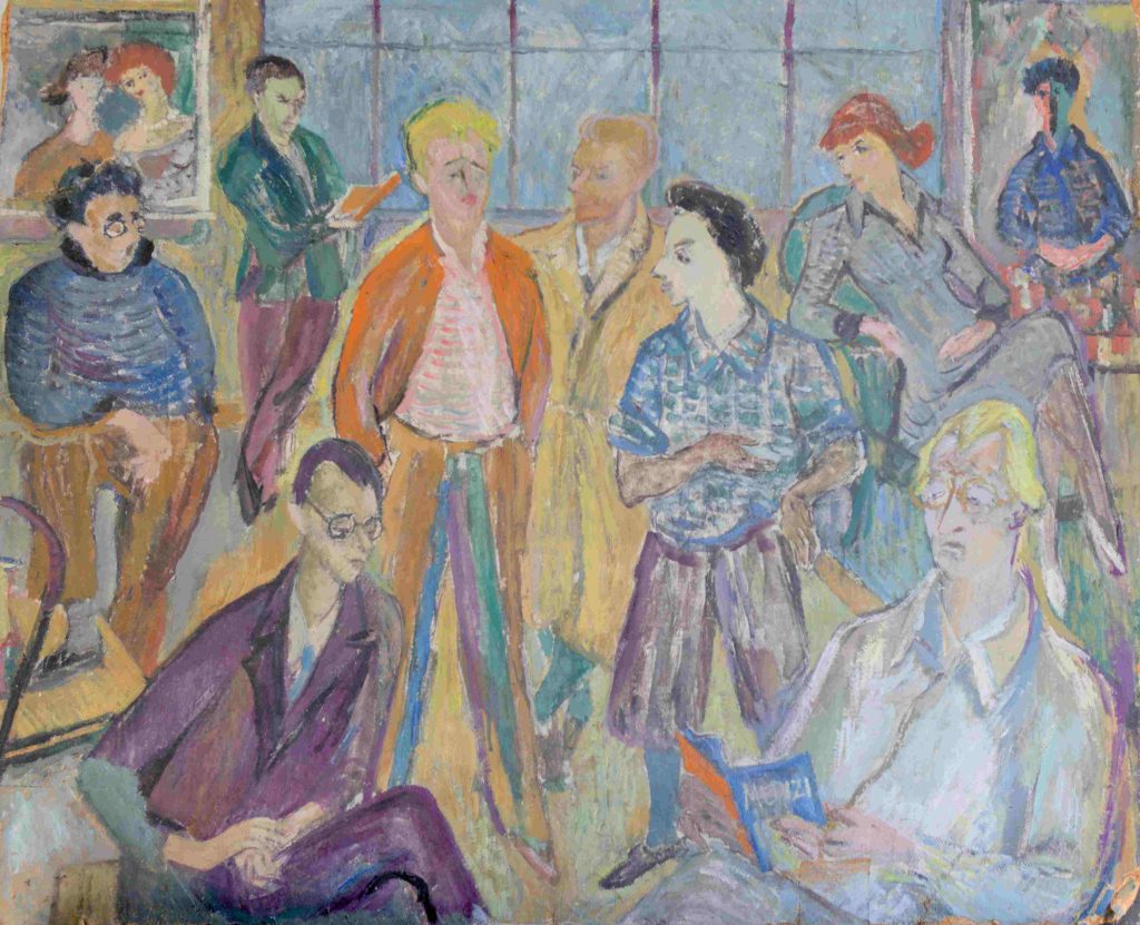 Ölbild, Künstlertreffen im Atelier von Helmut Rehm, Skizze
