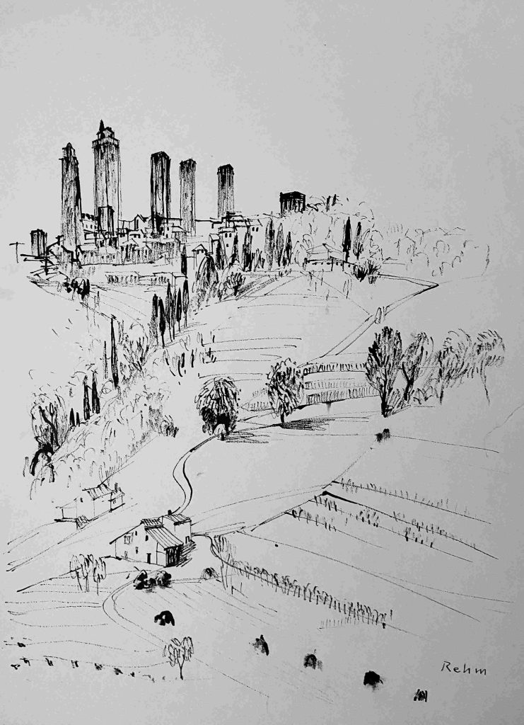 Federzeichnung von San Gimignano, die Stadt der Türme, von Helmut Rehm