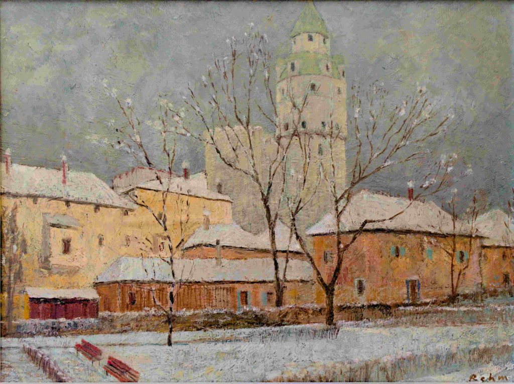 Hall im Winter. Es zeigt den Münzerturm mit der umgebenden Altstadt von Hall, winterlich verschneit. Ein Ölgemälde von Helmut Rehm