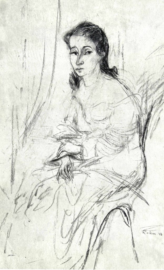 Dame mit schwarzen Haaren auf einem Stuhl. Kreidezeichnung aus dem Jahr 1936 von Helmut Rehm