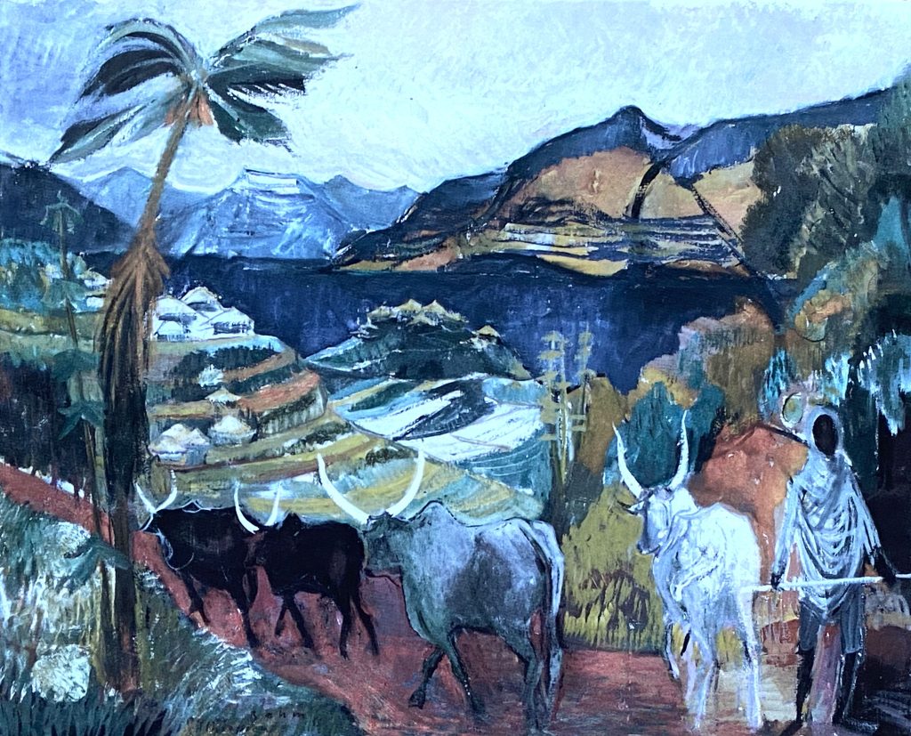 Ölbild von Helmut Rehm, Wasserbüffel im Hochland von Äthiopien vor einem See, 1955