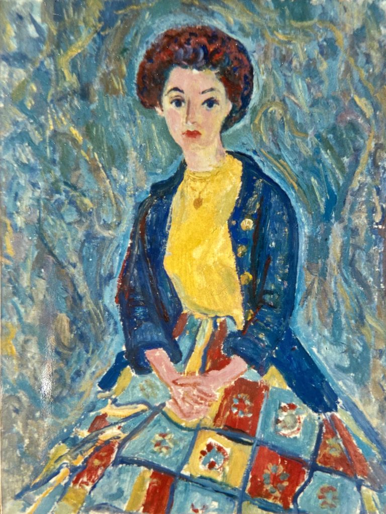 Dame im blauen Sakko und bunten Rock, Ölbild von Helmut Rehm