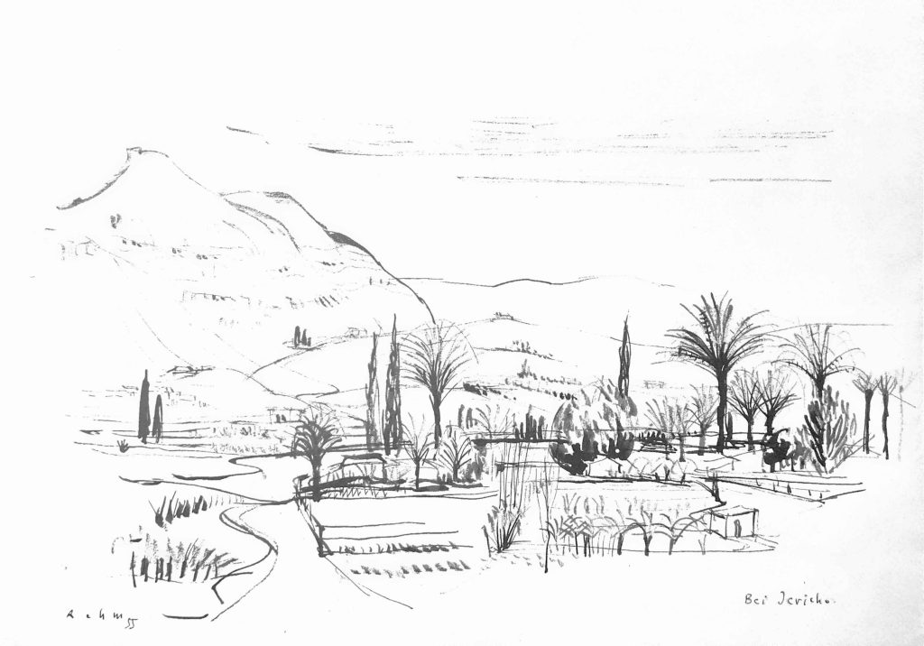 Bei Jericho, Federzeichnung von Helmut Rehm, 1955