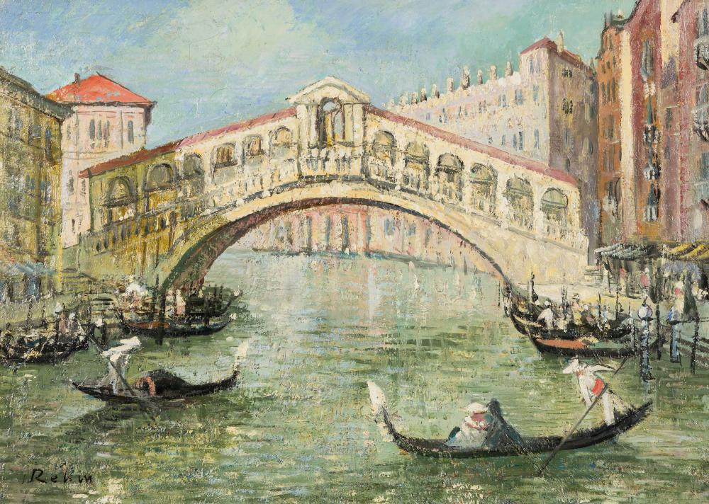 Rialtobrücke am Canal Grande in Venedig. Im Vordergurnd sind Gondoliere mit ihren Gondola zu sehen