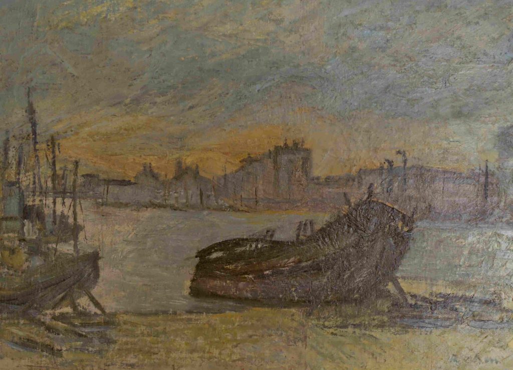 Ölbild vom Hafen in Zeebrügge mit Booten